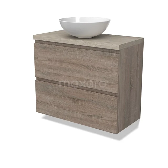 Modulo Plato Slim Badmöbel mit Aufsatzwaschbecken | 80 cm Eiche Grifflos front Hellgraue Eiche blatt 2 übereinanderliegende Schubladen BMK37-02486