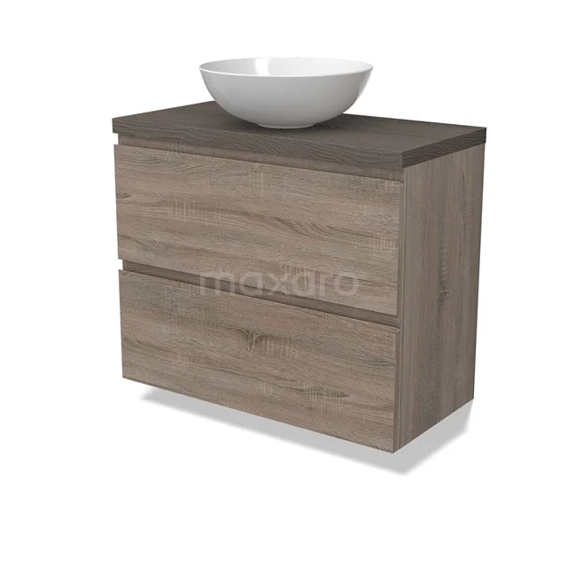 Modulo Plato Slim Vanity units for countertop basin | 80 cm Oak Handle-less front Dark brown oak worktop 2 Stacked drawers BMK37-02489