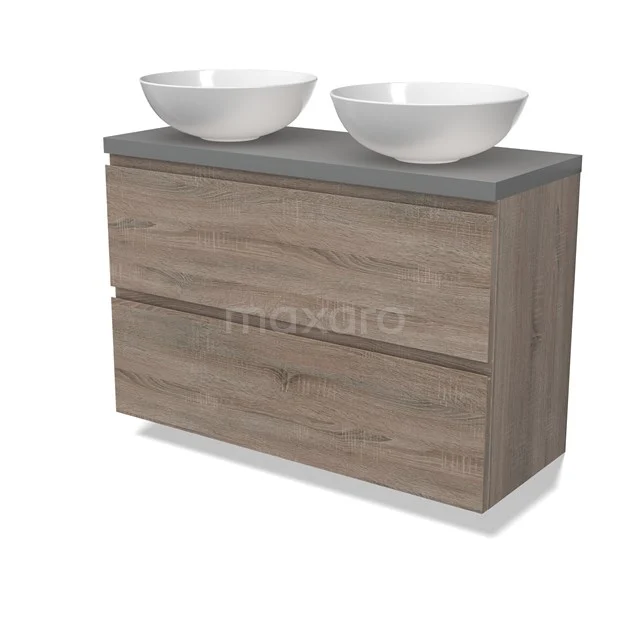 Modulo Plato Slim Badmöbel mit Aufsatzwaschbecken | 100 cm Eiche Grifflos front Mittelgrau blatt 2 übereinanderliegende Schubladen BMK37-02494