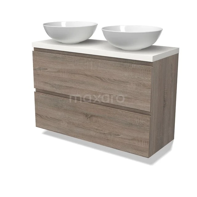 Modulo Plato Slim Vanity units for countertop basin | 100 cm Oak Handle-less front Matte white worktop 2 Stacked drawers BMK37-02496