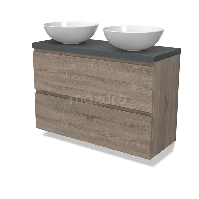 Modulo Plato Slim Badmöbel mit Aufsatzwaschbecken | 100 cm Eiche Grifflos front Dunkelgrau blatt 2 übereinanderliegende Schubladen BMK37-02497