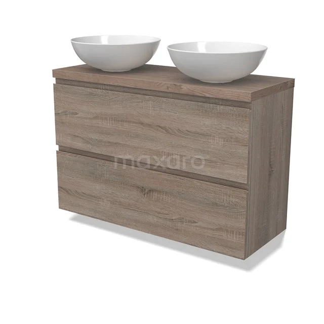 Modulo Plato Slim Badmöbel mit Aufsatzwaschbecken | 100 cm Eiche Grifflos front Mittelbraune Eiche blatt 2 übereinanderliegende Schubladen BMK37-02502