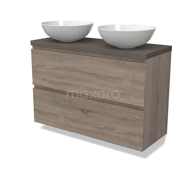 Modulo Plato Slim Badmöbel mit Aufsatzwaschbecken | 100 cm Eiche Grifflos front Dunkelbraune Eiche blatt 2 übereinanderliegende Schubladen BMK37-02503