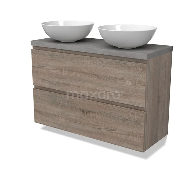 Modulo Plato Slim Vanity units for countertop basin | 100 cm Oak Handle-less front Light grey concrete worktop 2 Stacked drawers BMK37-02505