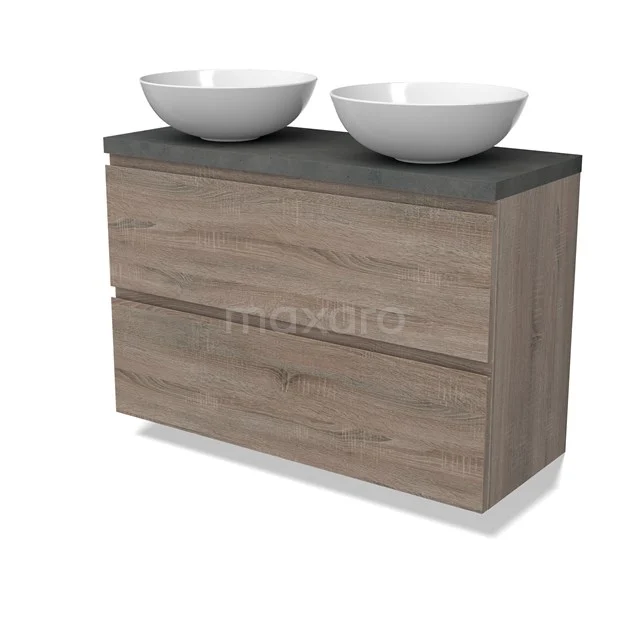 Modulo Plato Slim Badmöbel mit Aufsatzwaschbecken | 100 cm Eiche Grifflos front Dunkelgrauer Beton blatt 2 übereinanderliegende Schubladen BMK37-02506