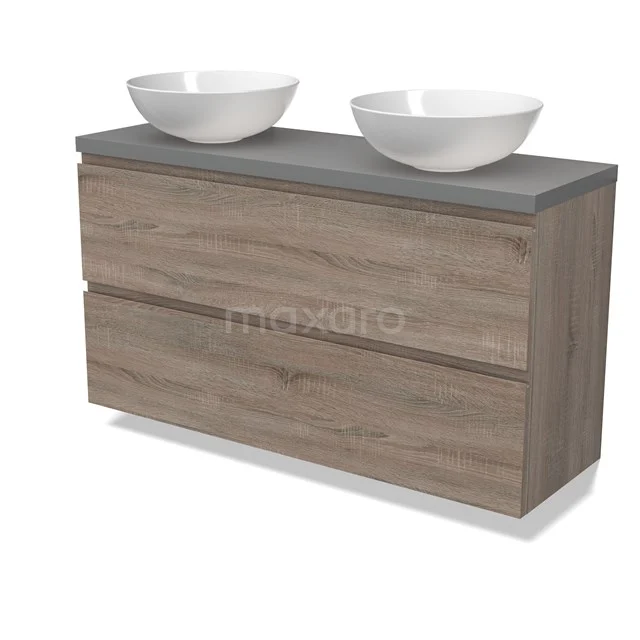 Modulo Plato Slim Vanity units for countertop basin | 120 cm Oak Handle-less front Mid grey worktop 2 Stacked drawers BMK37-02508