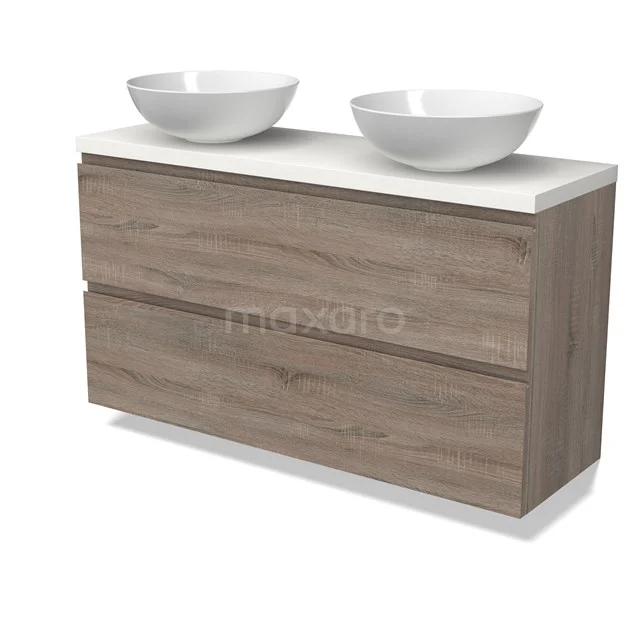 Modulo Plato Slim Badmöbel mit Aufsatzwaschbecken | 120 cm Eiche Grifflos front Matt Weiß blatt 2 übereinanderliegende Schubladen BMK37-02510
