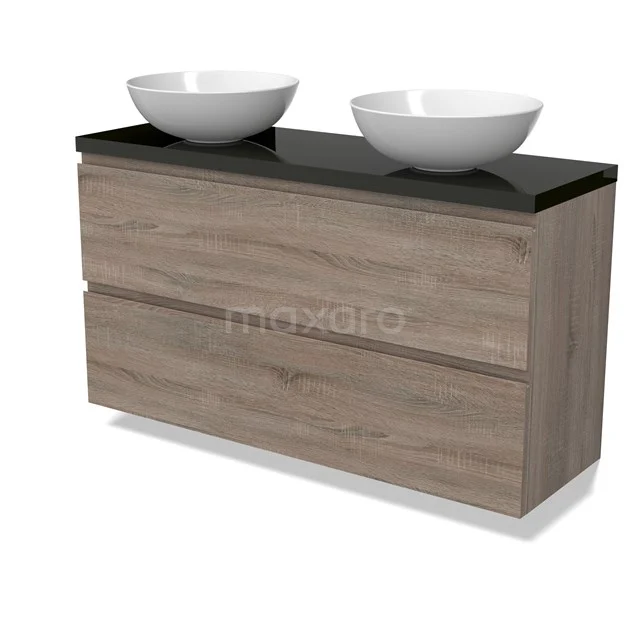 Modulo Plato Slim Vanity units for countertop basin | 120 cm Oak Handle-less front High-gloss black worktop 2 Stacked drawers BMK37-02512