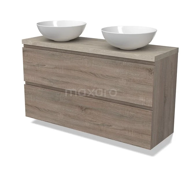 Modulo Plato Slim Vanity units for countertop basin | 120 cm Oak Handle-less front Light grey oak worktop 2 Stacked drawers BMK37-02514