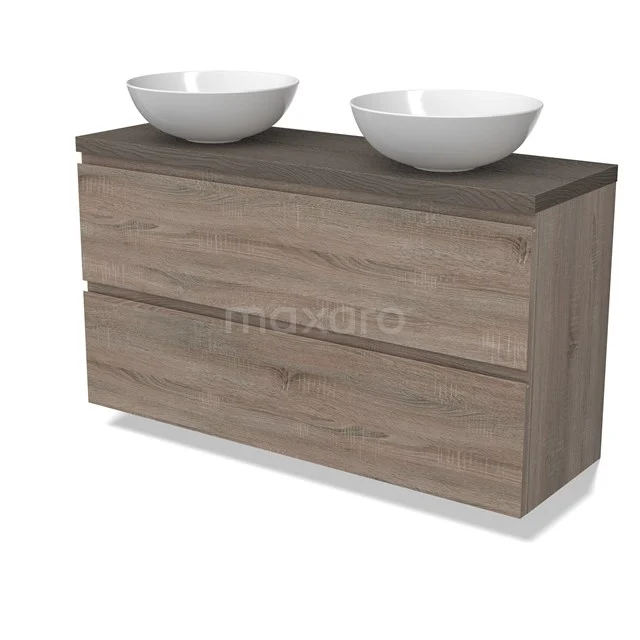 Modulo Plato Slim Badmöbel mit Aufsatzwaschbecken | 120 cm Eiche Grifflos front Dunkelbraune Eiche blatt 2 übereinanderliegende Schubladen BMK37-02517