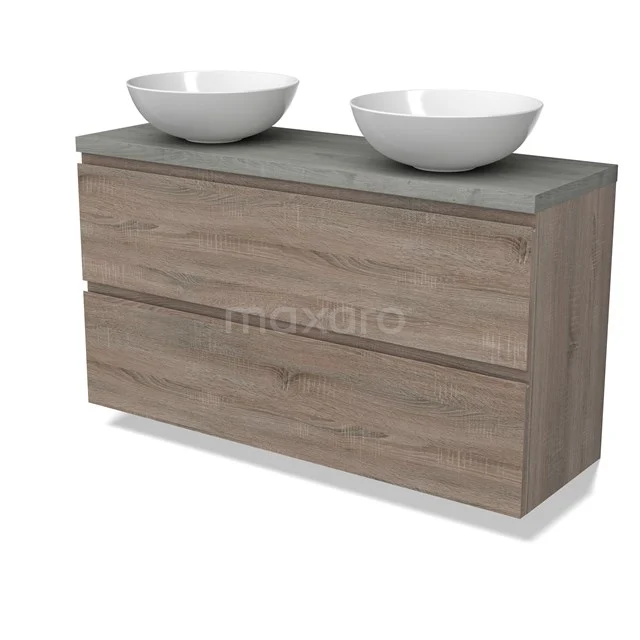 Modulo Plato Slim Badmöbel mit Aufsatzwaschbecken | 120 cm Eiche Grifflos front Graue Eiche blatt 2 übereinanderliegende Schubladen BMK37-02518