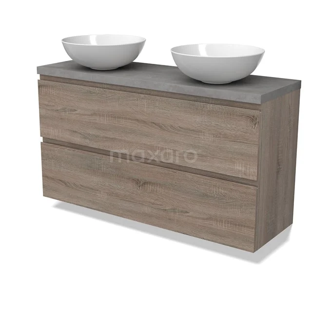 Modulo Plato Slim Badmöbel mit Aufsatzwaschbecken | 120 cm Eiche Grifflos front Hellgrauer Beton blatt 2 übereinanderliegende Schubladen BMK37-02519