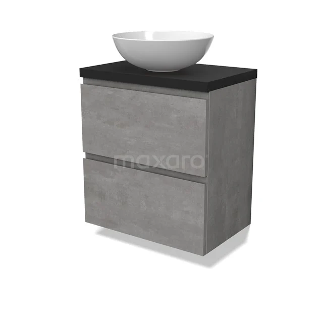 Modulo Plato Slim Vanity units for countertop basin | 60 cm Light grey concrete Handle-less front Matte black worktop 2 Stacked drawers BMK37-02535