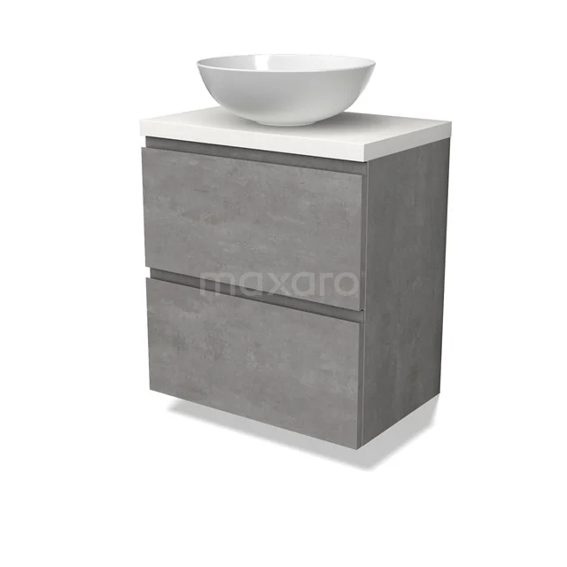 Modulo Plato Slim Badmöbel mit Aufsatzwaschbecken | 60 cm Hellgrauer Beton Grifflos front Matt Weiß blatt 2 übereinanderliegende Schubladen BMK37-02538