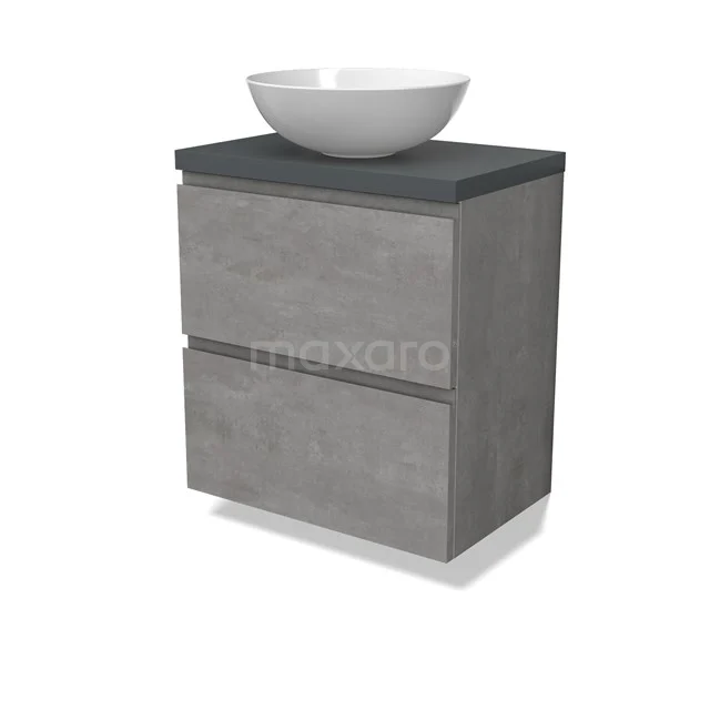Modulo Plato Slim Vanity units for countertop basin | 60 cm Light grey concrete Handle-less front Dark grey worktop 2 Stacked drawers BMK37-02539