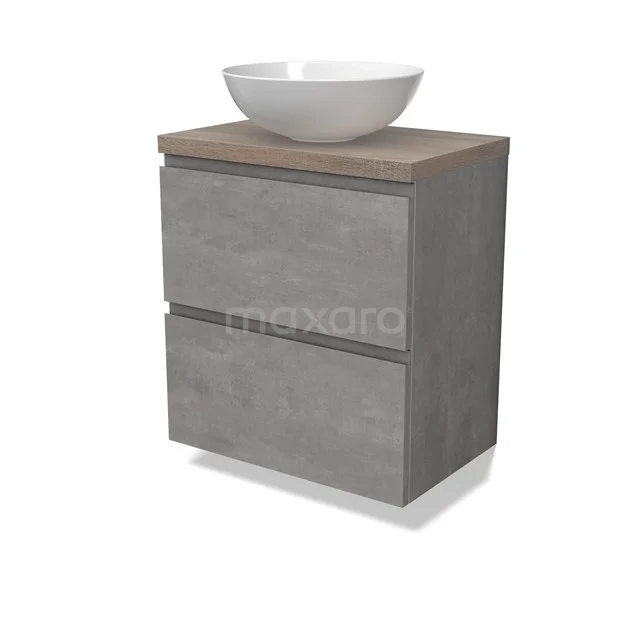 Modulo Plato Slim Vanity units for countertop basin | 60 cm Light grey concrete Handle-less front Oak worktop 2 Stacked drawers BMK37-02541
