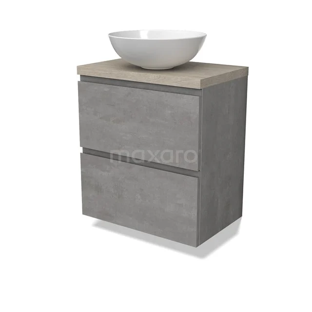 Modulo Plato Slim Badmöbel mit Aufsatzwaschbecken | 60 cm Hellgrauer Beton Grifflos front Hellgraue Eiche blatt 2 übereinanderliegende Schubladen BMK37-02542