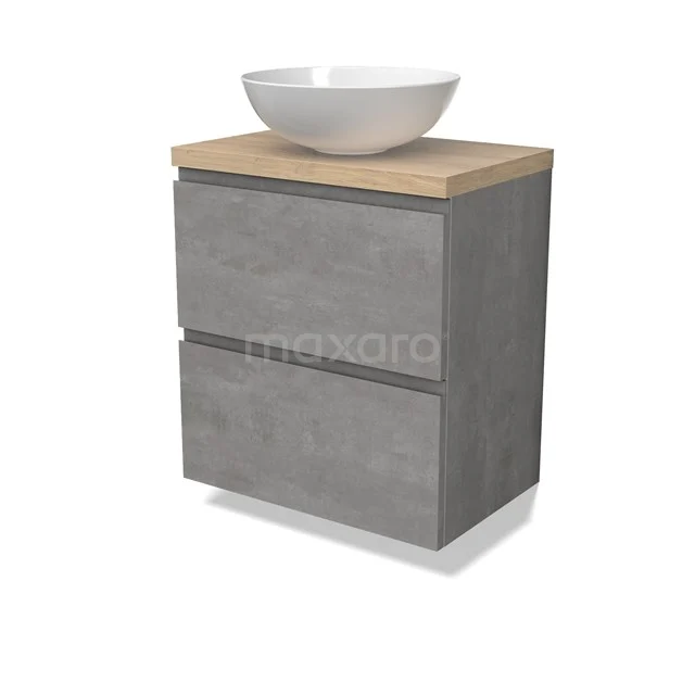 Modulo Plato Slim Vanity units for countertop basin | 60 cm Light grey concrete Handle-less front Light brown oak worktop 2 Stacked drawers BMK37-02543