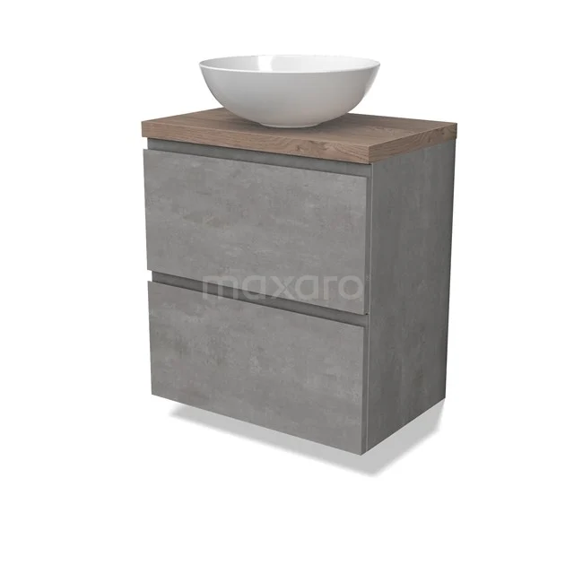 Modulo Plato Slim Vanity units for countertop basin | 60 cm Light grey concrete Handle-less front Mid brown oak worktop 2 Stacked drawers BMK37-02544