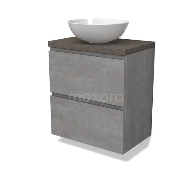 Modulo Plato Slim Vanity units for countertop basin | 60 cm Light grey concrete Handle-less front Dark brown oak worktop 2 Stacked drawers BMK37-02545