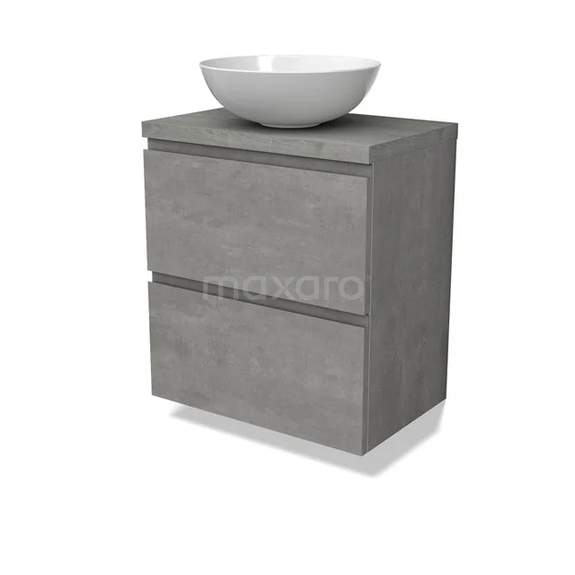Modulo Plato Slim Vanity units for countertop basin | 60 cm Light grey concrete Handle-less front Grey oak worktop 2 Stacked drawers BMK37-02546