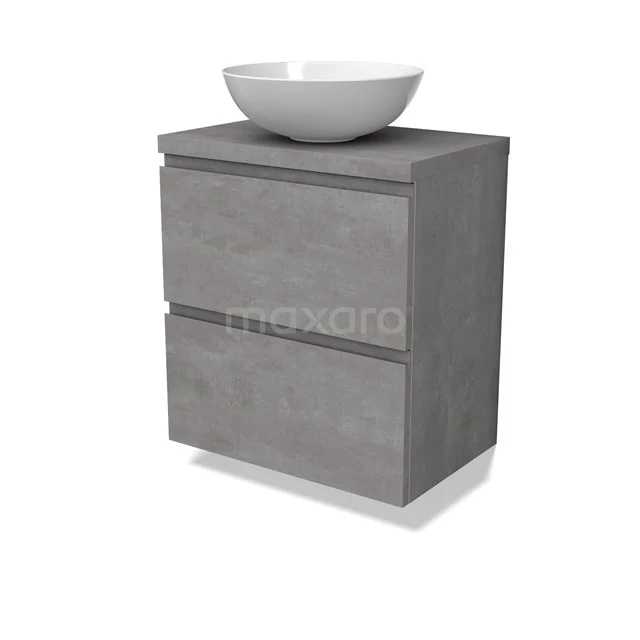 Modulo Plato Slim Badmöbel mit Aufsatzwaschbecken | 60 cm Hellgrauer Beton Grifflos front Hellgrauer Beton blatt 2 übereinanderliegende Schubladen BMK37-02547