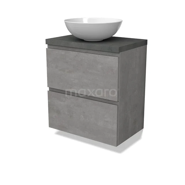 Modulo Plato Slim Badmöbel mit Aufsatzwaschbecken | 60 cm Hellgrauer Beton Grifflos front Dunkelgrauer Beton blatt 2 übereinanderliegende Schubladen BMK37-02548
