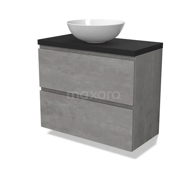 Modulo Plato Slim Vanity units for countertop basin | 80 cm Light grey concrete Handle-less front Matte black worktop 2 Stacked drawers BMK37-02549