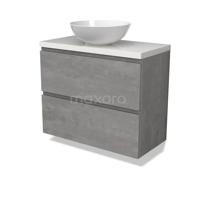 Modulo Plato Slim Vanity units for countertop basin | 80 cm Light grey concrete Handle-less front High-gloss white worktop 2 Stacked drawers BMK37-02551