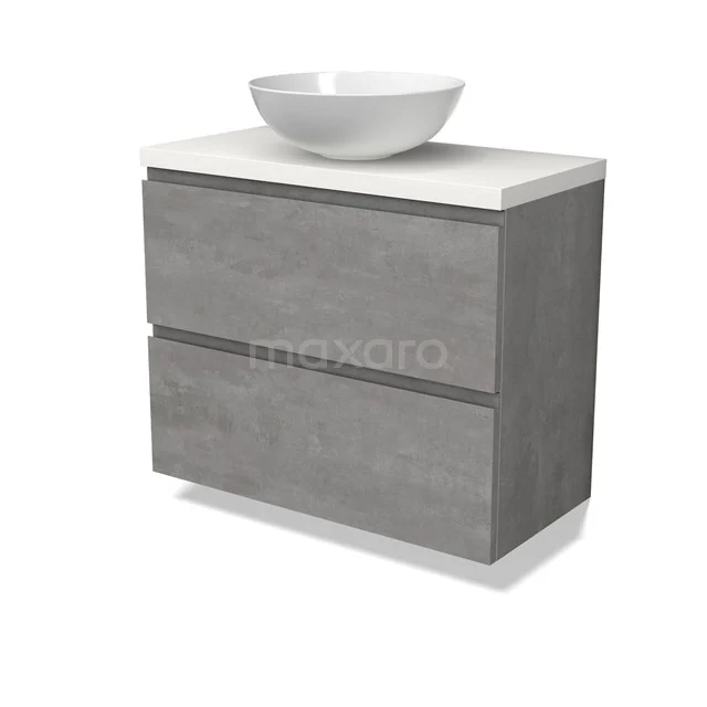 Modulo Plato Slim Badmöbel mit Aufsatzwaschbecken | 80 cm Hellgrauer Beton Grifflos front Matt Weiß blatt 2 übereinanderliegende Schubladen BMK37-02552