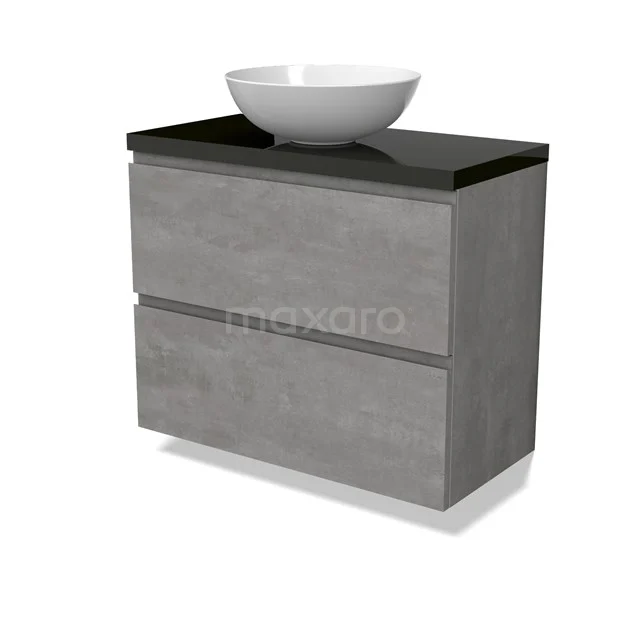 Modulo Plato Slim Badmöbel mit Aufsatzwaschbecken | 80 cm Hellgrauer Beton Grifflos front Hochglanz Schwarz blatt 2 übereinanderliegende Schubladen BMK37-02554