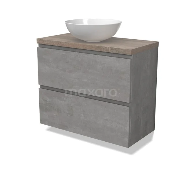 Modulo Plato Slim Badmöbel mit Aufsatzwaschbecken | 80 cm Hellgrauer Beton Grifflos front Eiche blatt 2 übereinanderliegende Schubladen BMK37-02555