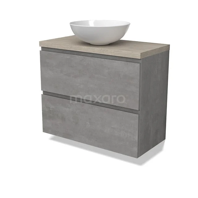 Modulo Plato Slim Badmöbel mit Aufsatzwaschbecken | 80 cm Hellgrauer Beton Grifflos front Hellgraue Eiche blatt 2 übereinanderliegende Schubladen BMK37-02556