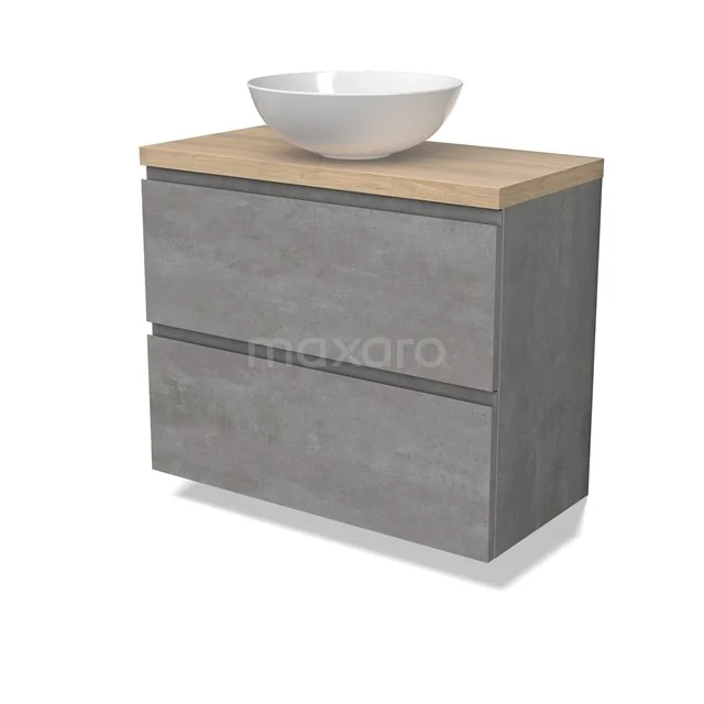 Modulo Plato Slim Vanity units for countertop basin | 80 cm Light grey concrete Handle-less front Light brown oak worktop 2 Stacked drawers BMK37-02557