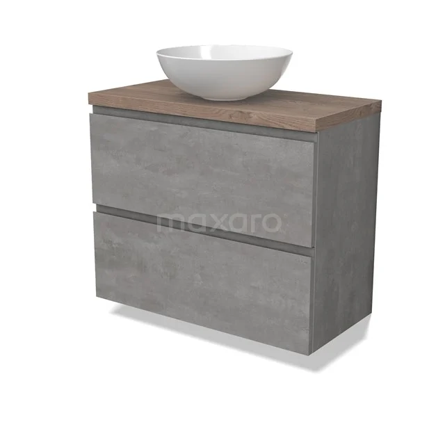 Modulo Plato Slim Badmöbel mit Aufsatzwaschbecken | 80 cm Hellgrauer Beton Grifflos front Mittelbraune Eiche blatt 2 übereinanderliegende Schubladen BMK37-02558