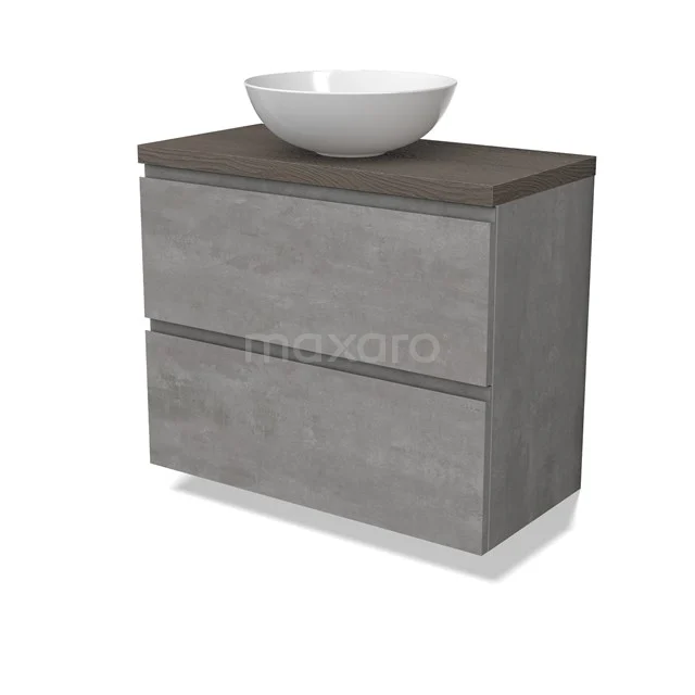 Modulo Plato Slim Vanity units for countertop basin | 80 cm Light grey concrete Handle-less front Dark brown oak worktop 2 Stacked drawers BMK37-02559