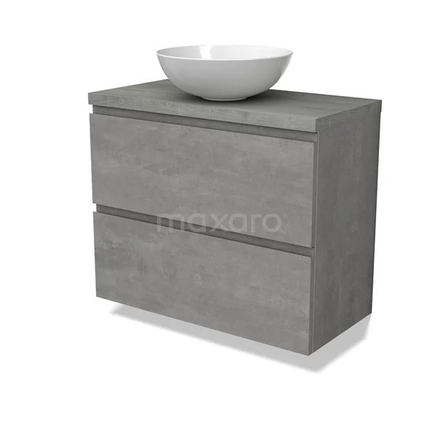 Modulo Plato Slim Vanity units for countertop basin | 80 cm Light grey concrete Handle-less front Grey oak worktop 2 Stacked drawers BMK37-02560