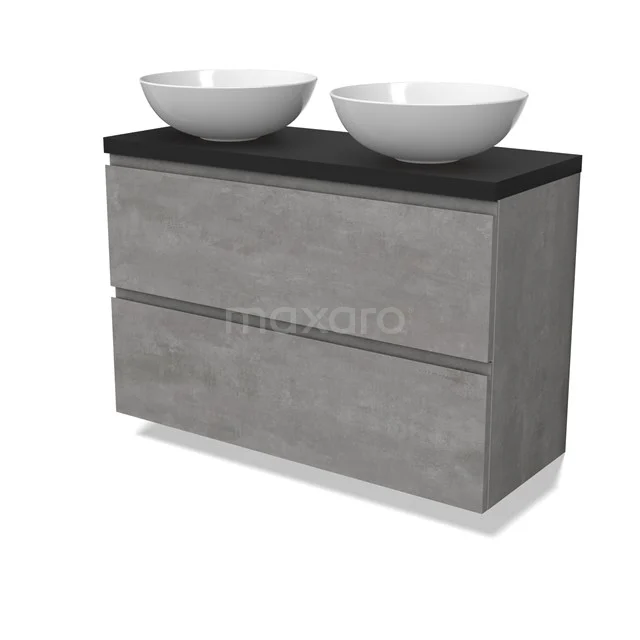 Modulo Plato Slim Vanity units for countertop basin | 100 cm Light grey concrete Handle-less front Matte black worktop 2 Stacked drawers BMK37-02563