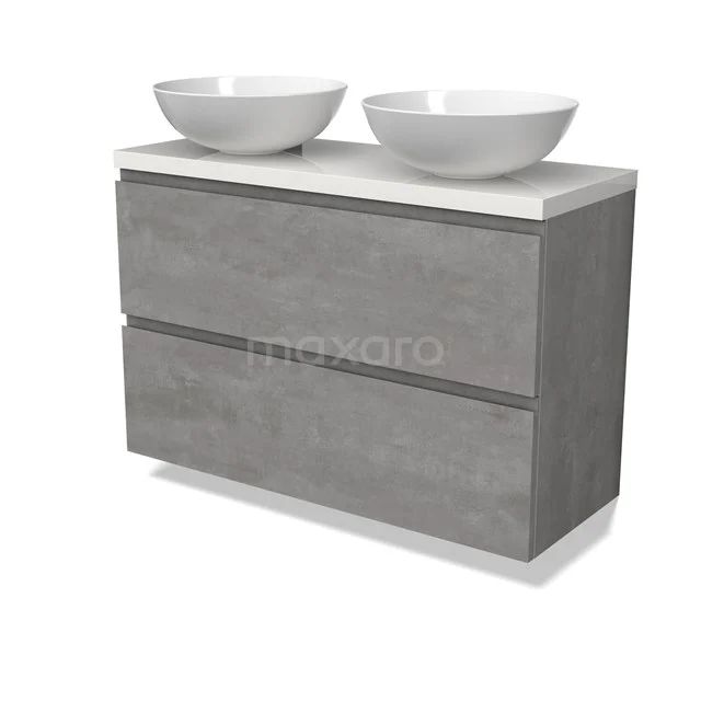 Modulo Plato Slim Badmöbel mit Aufsatzwaschbecken | 100 cm Hellgrauer Beton Grifflos front Hochglanz Weiß blatt 2 übereinanderliegende Schubladen BMK37-02565