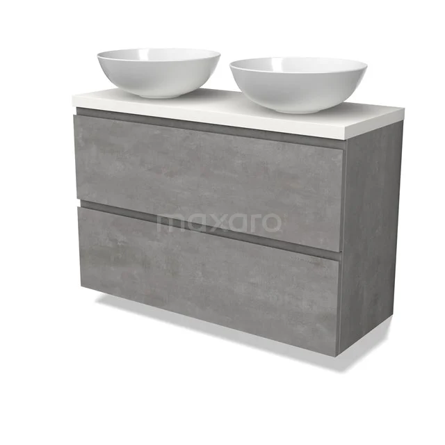 Modulo Plato Slim Badmöbel mit Aufsatzwaschbecken | 100 cm Hellgrauer Beton Grifflos front Matt Weiß blatt 2 übereinanderliegende Schubladen BMK37-02566