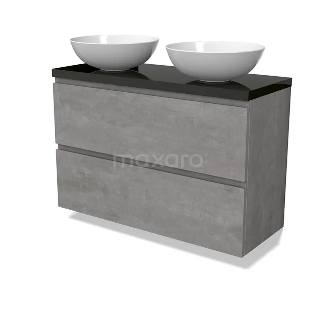Modulo Plato Slim Vanity units for countertop basin | 100 cm Light grey concrete Handle-less front High-gloss black worktop 2 Stacked drawers BMK37-02568