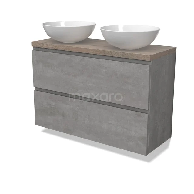 Modulo Plato Slim Badmöbel mit Aufsatzwaschbecken | 100 cm Hellgrauer Beton Grifflos front Eiche blatt 2 übereinanderliegende Schubladen BMK37-02569