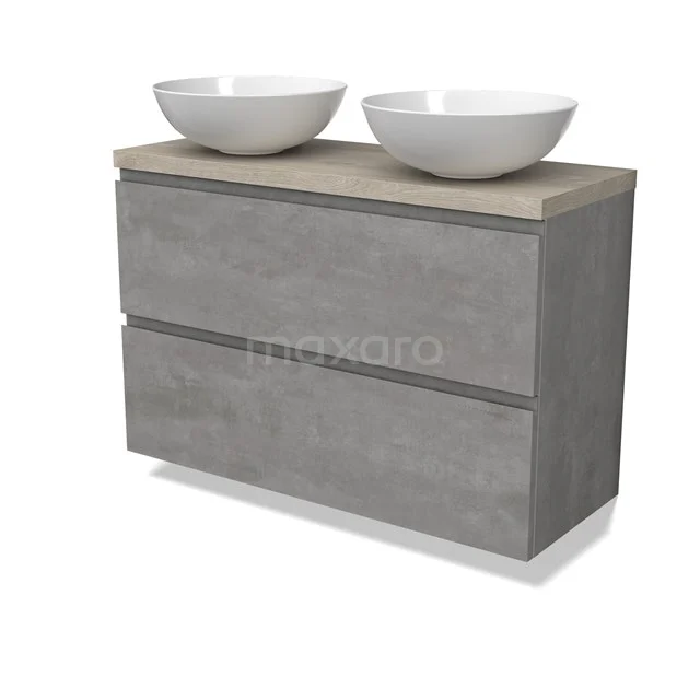 Modulo Plato Slim Badmöbel mit Aufsatzwaschbecken | 100 cm Hellgrauer Beton Grifflos front Hellgraue Eiche blatt 2 übereinanderliegende Schubladen BMK37-02570