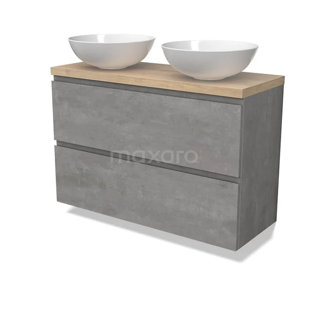 Modulo Plato Slim Badmöbel mit Aufsatzwaschbecken | 100 cm Hellgrauer Beton Grifflos front Hellbraune Eiche blatt 2 übereinanderliegende Schubladen BMK37-02571