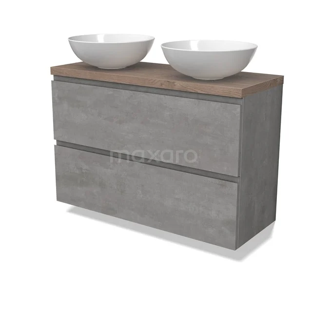 Modulo Plato Slim Badmöbel mit Aufsatzwaschbecken | 100 cm Hellgrauer Beton Grifflos front Mittelbraune Eiche blatt 2 übereinanderliegende Schubladen BMK37-02572