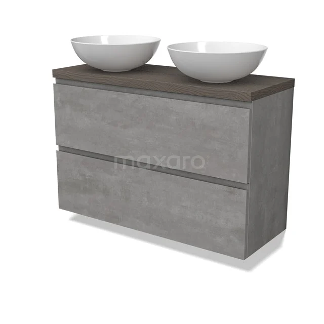 Modulo Plato Slim Vanity units for countertop basin | 100 cm Light grey concrete Handle-less front Dark brown oak worktop 2 Stacked drawers BMK37-02573