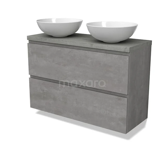 Modulo Plato Slim Badmöbel mit Aufsatzwaschbecken | 100 cm Hellgrauer Beton Grifflos front Graue Eiche blatt 2 übereinanderliegende Schubladen BMK37-02574