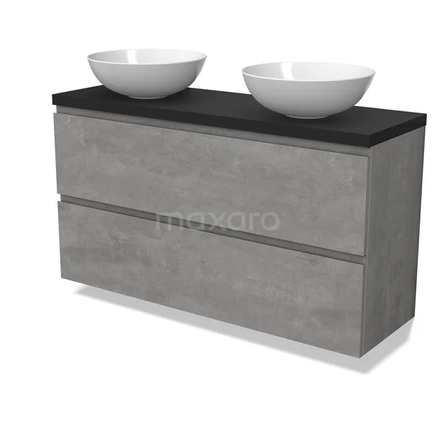 Modulo Plato Slim Vanity units for countertop basin | 120 cm Light grey concrete Handle-less front Matte black worktop 2 Stacked drawers BMK37-02577