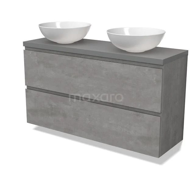 Modulo Plato Slim Vanity units for countertop basin | 120 cm Light grey concrete Handle-less front Mid grey worktop 2 Stacked drawers BMK37-02578