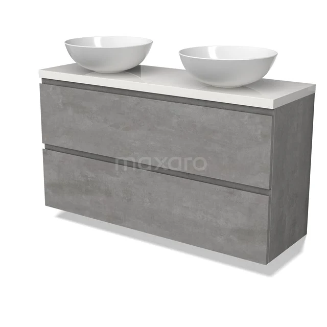 Modulo Plato Slim Badmöbel mit Aufsatzwaschbecken | 120 cm Hellgrauer Beton Grifflos front Hochglanz Weiß blatt 2 übereinanderliegende Schubladen BMK37-02579